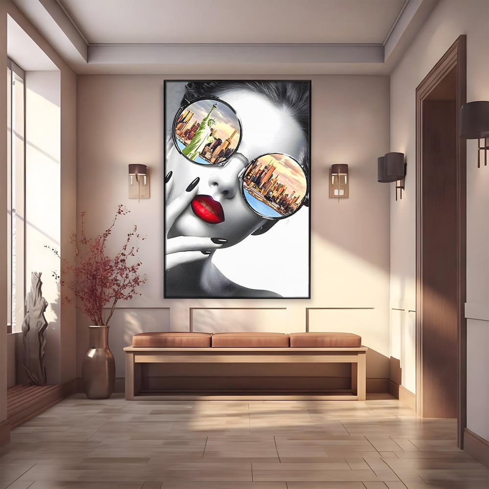Tablou canvas cu tablou canvas cu portret femeie ochelari, in rama de aluminiu negru